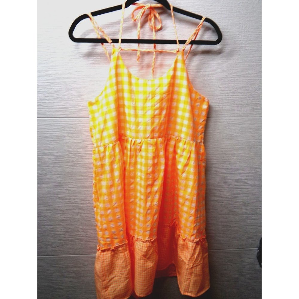 Easel sleeveless lined orange gingham 3-tiered lined cotton dress sz. M NWT